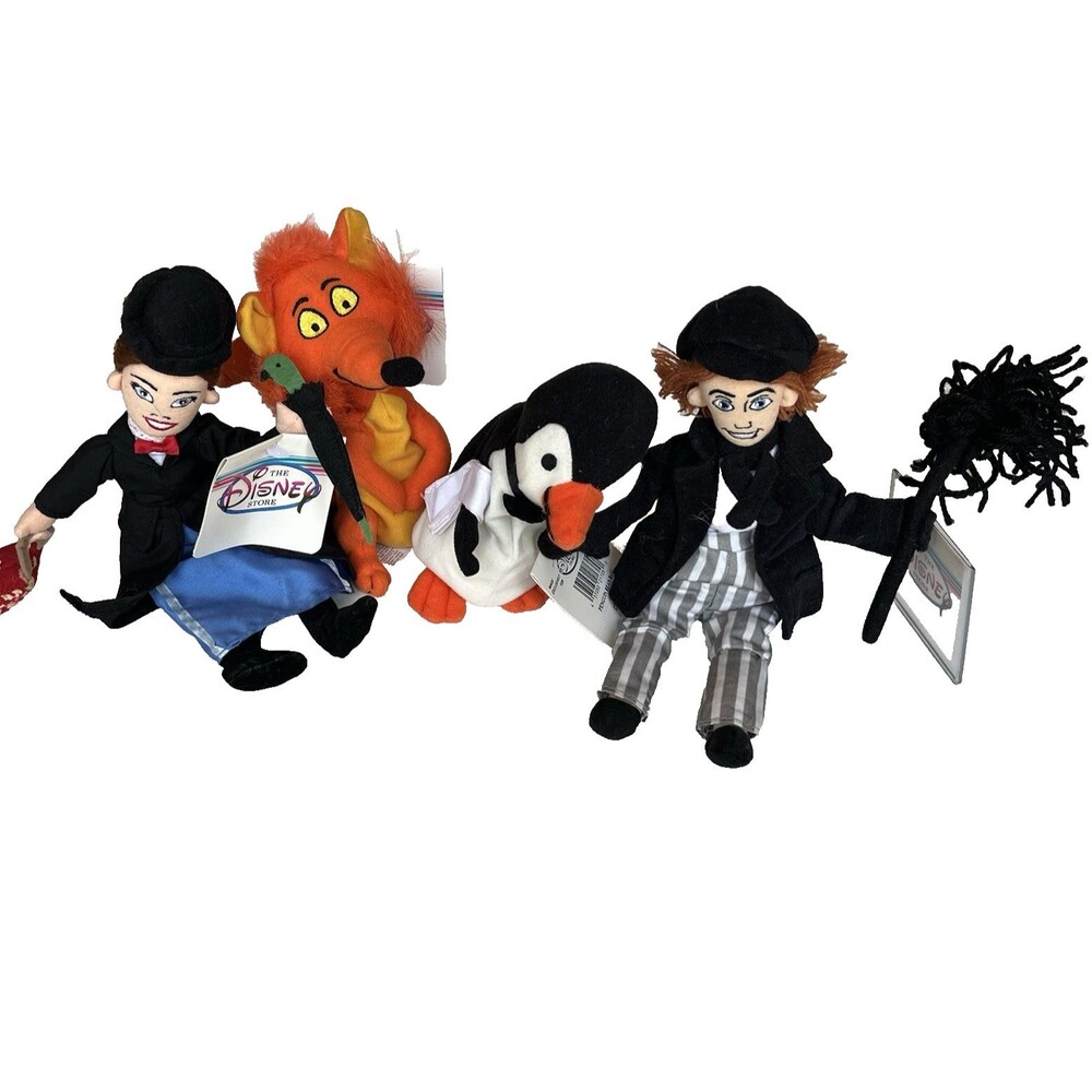 Disney Store Mary Poppins Beanbag Plush Lot of 4 VTG 90s Penguin Fox Bert Toys